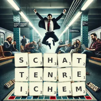 Kreative Illustration für ein Scrabble-Spiel, bei dem das Wort SCHATTENREICHEM mit Steinen auf dem Brett gelegt wurde.
