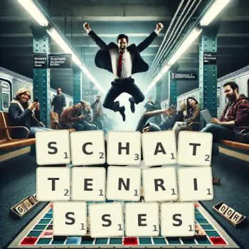 Kreative Illustration für ein Scrabble-Spiel, bei dem das Wort SCHATTENRISSES mit Steinen auf dem Brett gelegt wurde.