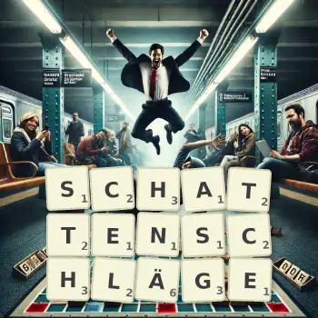 Kreative Illustration für ein Scrabble-Spiel, bei dem das Wort SCHATTENSCHLÄGE mit Steinen auf dem Brett gelegt wurde.