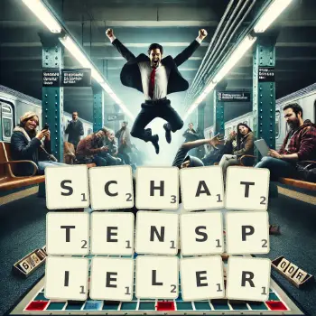Kreative Illustration für ein Scrabble-Spiel, bei dem das Wort SCHATTENSPIELER mit Steinen auf dem Brett gelegt wurde.