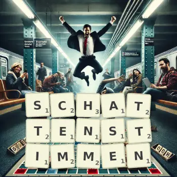 Kreative Illustration für ein Scrabble-Spiel, bei dem das Wort SCHATTENSTIMMEN mit Steinen auf dem Brett gelegt wurde.