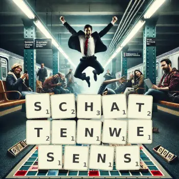 Kreative Illustration für ein Scrabble-Spiel, bei dem das Wort SCHATTENWESENS mit Steinen auf dem Brett gelegt wurde.