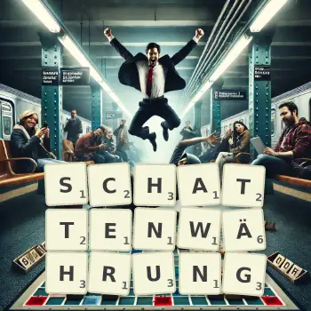 Kreative Illustration für ein Scrabble-Spiel, bei dem das Wort SCHATTENWÄHRUNG mit Steinen auf dem Brett gelegt wurde.