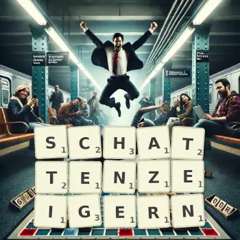 Kreative Illustration für ein Scrabble-Spiel, bei dem das Wort SCHATTENZEIGERN mit Steinen auf dem Brett gelegt wurde.
