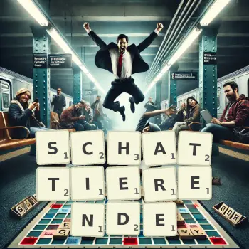 Kreative Illustration für ein Scrabble-Spiel, bei dem das Wort SCHATTIERENDE mit Steinen auf dem Brett gelegt wurde.