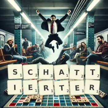 Kreative Illustration für ein Scrabble-Spiel, bei dem das Wort SCHATTIERTER mit Steinen auf dem Brett gelegt wurde.