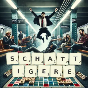 Kreative Illustration für ein Scrabble-Spiel, bei dem das Wort SCHATTIGERE mit Steinen auf dem Brett gelegt wurde.