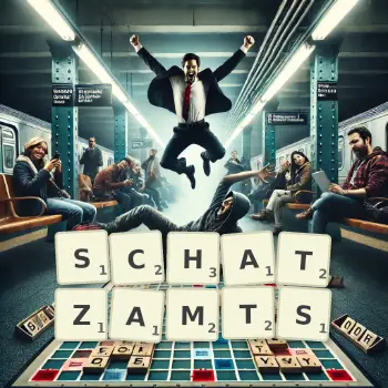 Kreative Illustration für ein Scrabble-Spiel, bei dem das Wort SCHATZAMTS mit Steinen auf dem Brett gelegt wurde.