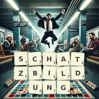 Kreative Illustration für ein Scrabble-Spiel, bei dem das Wort SCHATZBILDUNG mit Steinen auf dem Brett gelegt wurde.