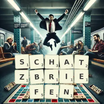 Kreative Illustration für ein Scrabble-Spiel, bei dem das Wort SCHATZBRIEFEN mit Steinen auf dem Brett gelegt wurde.