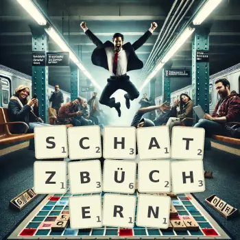 Kreative Illustration für ein Scrabble-Spiel, bei dem das Wort SCHATZBÜCHERN mit Steinen auf dem Brett gelegt wurde.