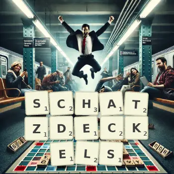 Kreative Illustration für ein Scrabble-Spiel, bei dem das Wort SCHATZDECKELS mit Steinen auf dem Brett gelegt wurde.