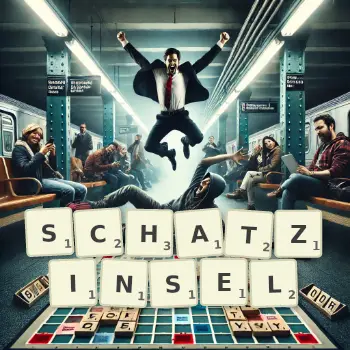 Kreative Illustration für ein Scrabble-Spiel, bei dem das Wort SCHATZINSEL mit Steinen auf dem Brett gelegt wurde.