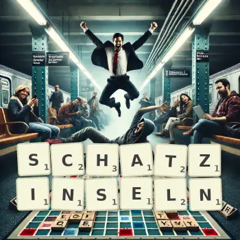Kreative Illustration für ein Scrabble-Spiel, bei dem das Wort SCHATZINSELN mit Steinen auf dem Brett gelegt wurde.