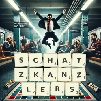 Kreative Illustration für ein Scrabble-Spiel, bei dem das Wort SCHATZKANZLERS mit Steinen auf dem Brett gelegt wurde.