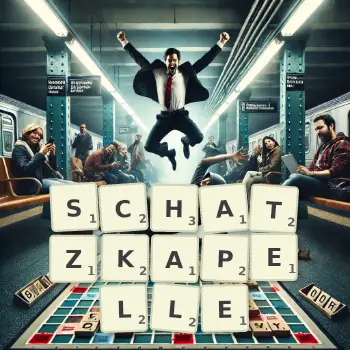 Kreative Illustration für ein Scrabble-Spiel, bei dem das Wort SCHATZKAPELLE mit Steinen auf dem Brett gelegt wurde.