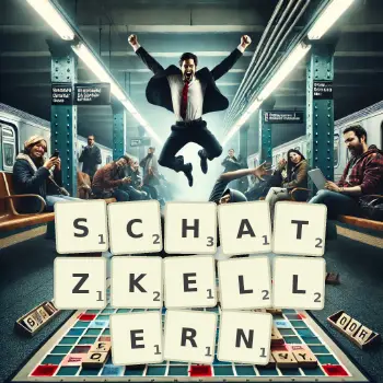 Kreative Illustration für ein Scrabble-Spiel, bei dem das Wort SCHATZKELLERN mit Steinen auf dem Brett gelegt wurde.