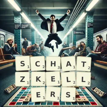 Kreative Illustration für ein Scrabble-Spiel, bei dem das Wort SCHATZKELLERS mit Steinen auf dem Brett gelegt wurde.