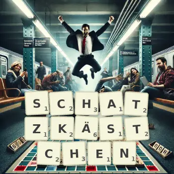Kreative Illustration für ein Scrabble-Spiel, bei dem das Wort SCHATZKÄSTCHEN mit Steinen auf dem Brett gelegt wurde.