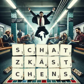 Kreative Illustration für ein Scrabble-Spiel, bei dem das Wort SCHATZKÄSTCHENS mit Steinen auf dem Brett gelegt wurde.