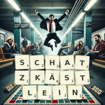 Kreative Illustration für ein Scrabble-Spiel, bei dem das Wort SCHATZKÄSTLEIN mit Steinen auf dem Brett gelegt wurde.