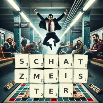 Kreative Illustration für ein Scrabble-Spiel, bei dem das Wort SCHATZMEISTER mit Steinen auf dem Brett gelegt wurde.