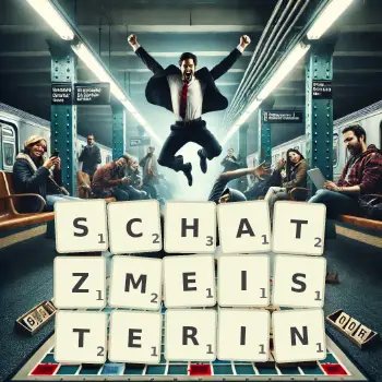 Kreative Illustration für ein Scrabble-Spiel, bei dem das Wort SCHATZMEISTERIN mit Steinen auf dem Brett gelegt wurde.