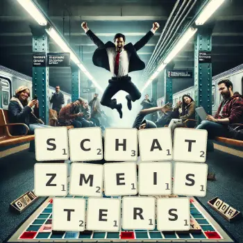 Kreative Illustration für ein Scrabble-Spiel, bei dem das Wort SCHATZMEISTERS mit Steinen auf dem Brett gelegt wurde.