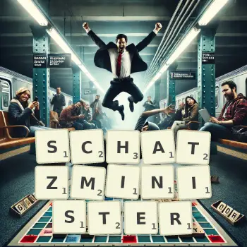 Kreative Illustration für ein Scrabble-Spiel, bei dem das Wort SCHATZMINISTER mit Steinen auf dem Brett gelegt wurde.