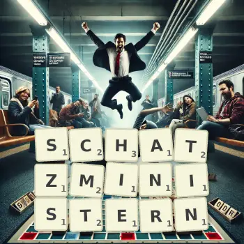 Kreative Illustration für ein Scrabble-Spiel, bei dem das Wort SCHATZMINISTERN mit Steinen auf dem Brett gelegt wurde.