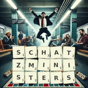 Kreative Illustration für ein Scrabble-Spiel, bei dem das Wort SCHATZMINISTERS mit Steinen auf dem Brett gelegt wurde.