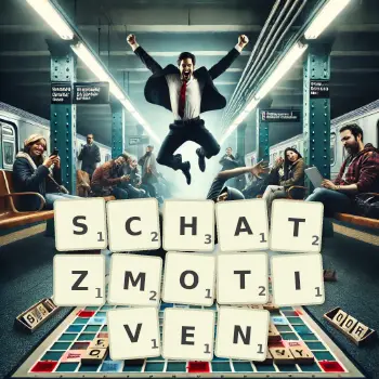 Kreative Illustration für ein Scrabble-Spiel, bei dem das Wort SCHATZMOTIVEN mit Steinen auf dem Brett gelegt wurde.