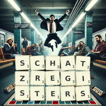 Kreative Illustration für ein Scrabble-Spiel, bei dem das Wort SCHATZREGISTERS mit Steinen auf dem Brett gelegt wurde.
