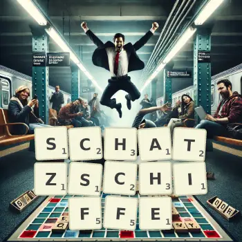 Kreative Illustration für ein Scrabble-Spiel, bei dem das Wort SCHATZSCHIFFE mit Steinen auf dem Brett gelegt wurde.
