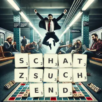 Kreative Illustration für ein Scrabble-Spiel, bei dem das Wort SCHATZSUCHEND mit Steinen auf dem Brett gelegt wurde.