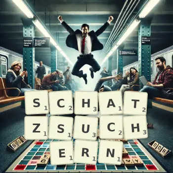 Kreative Illustration für ein Scrabble-Spiel, bei dem das Wort SCHATZSUCHERN mit Steinen auf dem Brett gelegt wurde.