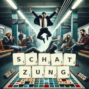 Kreative Illustration für ein Scrabble-Spiel, bei dem das Wort SCHATZUNG mit Steinen auf dem Brett gelegt wurde.