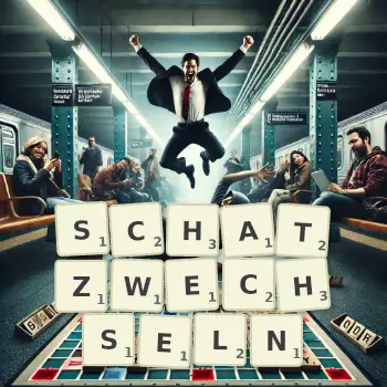 Kreative Illustration für ein Scrabble-Spiel, bei dem das Wort SCHATZWECHSELN mit Steinen auf dem Brett gelegt wurde.