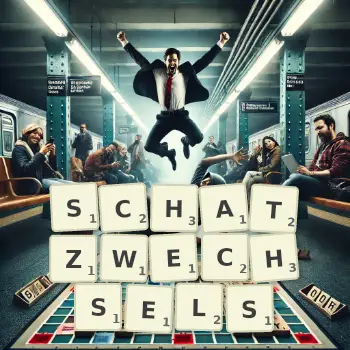 Kreative Illustration für ein Scrabble-Spiel, bei dem das Wort SCHATZWECHSELS mit Steinen auf dem Brett gelegt wurde.