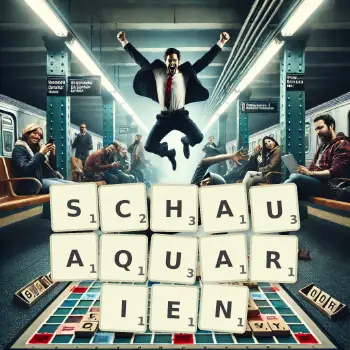 Kreative Illustration für ein Scrabble-Spiel, bei dem das Wort SCHAUAQUARIEN mit Steinen auf dem Brett gelegt wurde.