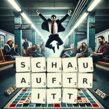 Kreative Illustration für ein Scrabble-Spiel, bei dem das Wort SCHAUAUFTRITT mit Steinen auf dem Brett gelegt wurde.