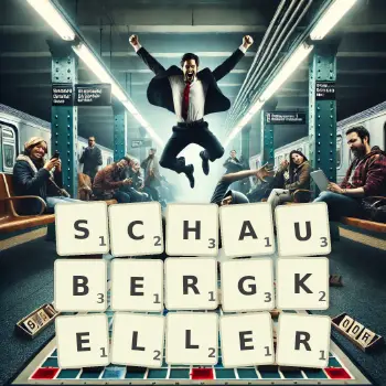 Kreative Illustration für ein Scrabble-Spiel, bei dem das Wort SCHAUBERGKELLER mit Steinen auf dem Brett gelegt wurde.