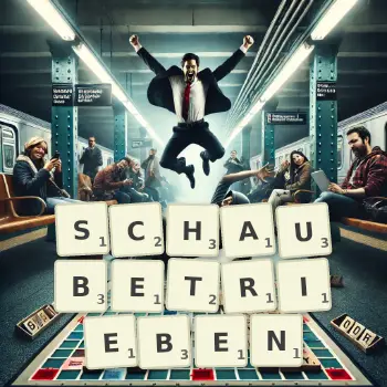 Kreative Illustration für ein Scrabble-Spiel, bei dem das Wort SCHAUBETRIEBEN mit Steinen auf dem Brett gelegt wurde.