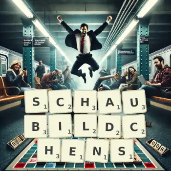 Kreative Illustration für ein Scrabble-Spiel, bei dem das Wort SCHAUBILDCHENS mit Steinen auf dem Brett gelegt wurde.