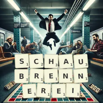 Kreative Illustration für ein Scrabble-Spiel, bei dem das Wort SCHAUBRENNEREI mit Steinen auf dem Brett gelegt wurde.