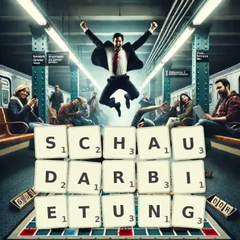 Kreative Illustration für ein Scrabble-Spiel, bei dem das Wort SCHAUDARBIETUNG mit Steinen auf dem Brett gelegt wurde.