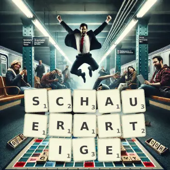 Kreative Illustration für ein Scrabble-Spiel, bei dem das Wort SCHAUERARTIGE mit Steinen auf dem Brett gelegt wurde.