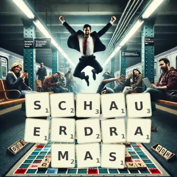 Kreative Illustration für ein Scrabble-Spiel, bei dem das Wort SCHAUERDRAMAS mit Steinen auf dem Brett gelegt wurde.