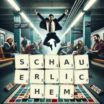 Kreative Illustration für ein Scrabble-Spiel, bei dem das Wort SCHAUERLICHEM mit Steinen auf dem Brett gelegt wurde.