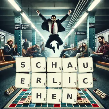Kreative Illustration für ein Scrabble-Spiel, bei dem das Wort SCHAUERLICHEN mit Steinen auf dem Brett gelegt wurde.